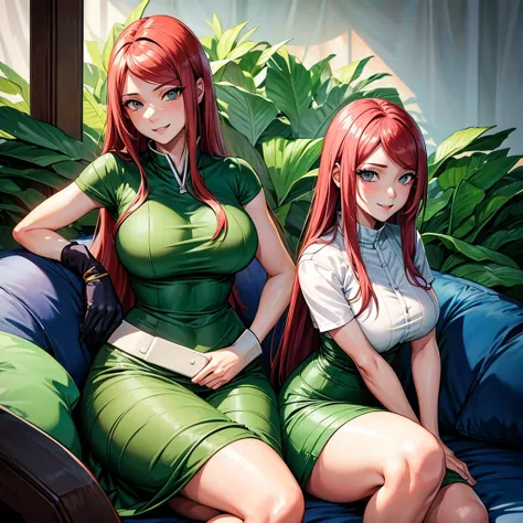 uzumaki_kushina,massive large_breasts, large thighs,large_ass, sitting, solo, kushina_green_dress,shirt up,tight dress, short skirts, masterpiece, best quality, detailed face, detailed eyes, highres, (masterpiece:1.4, best quality:1.2), (Highres), (Detaile...