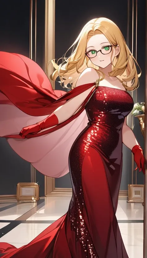 chubby girl, blonde, green eyes, medium length hair, open forehead, without bangs, glasses with black square frames
red dress, long dress, elegant dress, sequined dress, gloves, red gloves