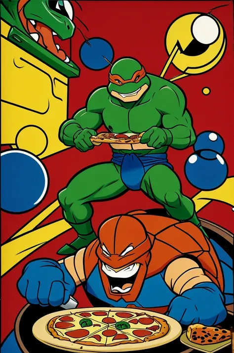 Ninja Turtle Mike eating pizza (90s cartoon style)
