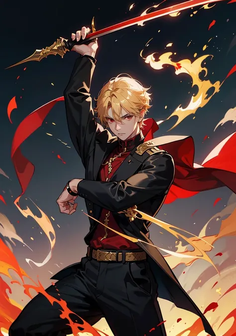 A man, short gold hair, red eyes in black shirt and trousers, hold a big black sword in both hand, figting position, fire around him