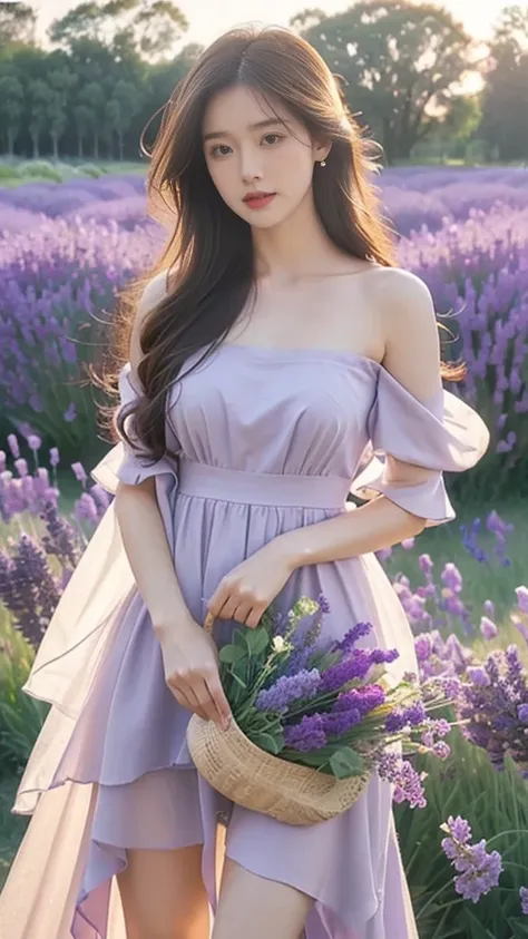 (hyperrealistic), (8K), 1 young girl, (beautiful detailed eyes), (beautiful detailed lips), (extremely detailed face), (long eyelashes), (soft smooth skin), (Supermodel body), (supermodel measurements), (wear Dress with a high slit), (in the lavender field...