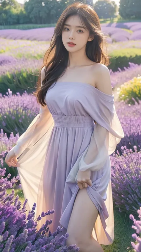 (hyperrealistic), (8K), 1 young girl, (beautiful detailed eyes), (beautiful detailed lips), (extremely detailed face), (long eyelashes), (soft smooth skin), (Supermodel body), (supermodel measurements), (wear Dress with a high slit), (in the lavender field...