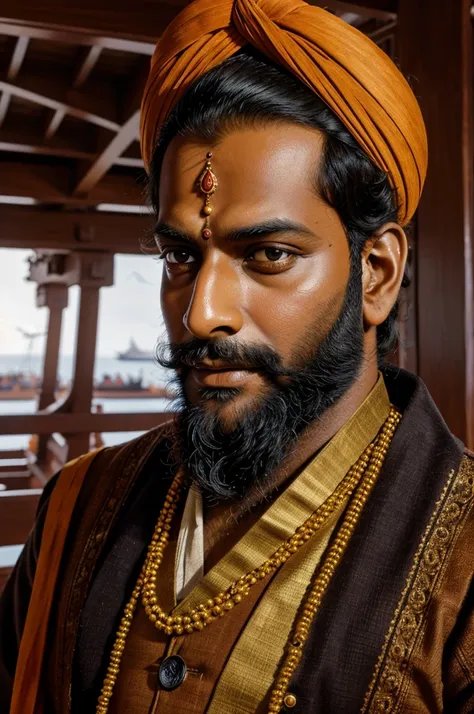 Shivaji Maharaj inspecting a shipyard or naval fort, demonstrating his pioneering use of naval forces and innovative shipbuilding techniques.
symmetric face, masterpiece, 8k, ultra realistic