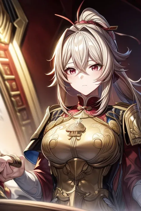 (masterpiece, best quality, perfect face, expressive eyes), 1girl, (anime), (adult), blonde hair, pinkish-red eyes, chinese general clothes, small breasts, gold breastplate, golden chinese armor, ponytail, gold hairpin, intricate details, 