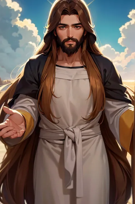 Generate a realistic style image of Jesus, The paradise of celestial background , looking straight ahead .with long brown hair and beard. His eyes are kind and expressive,, ensure the image is high quality and rich in detail, capturing the essence of Jesus...