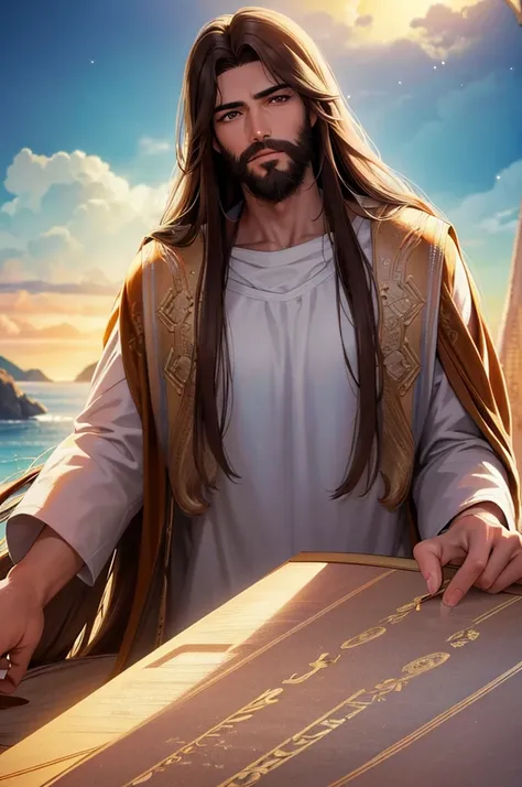 Generate a realistic style image of Jesus, The paradise of celestial background , looking straight ahead .with long brown hair and beard. His eyes are kind and expressive,, ensure the image is high quality and rich in detail, capturing the essence of Jesus...