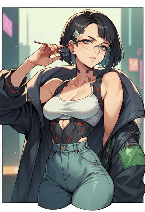 (masterpiece, best quality), 1gentleman, black hair, glasses, cyberpunk, solo, waist-high, sexy appearance