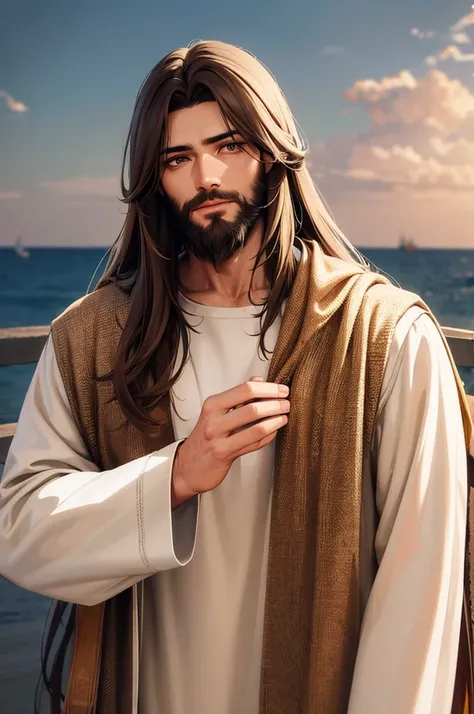 Generate a realistic style image of Jesus, The paradise of celestial background , looking straight ahead .with long brown hair and beard. His eyes are kind and expressive,, ensure the image is high quality and rich in detail, capturing the essence of Jesus...