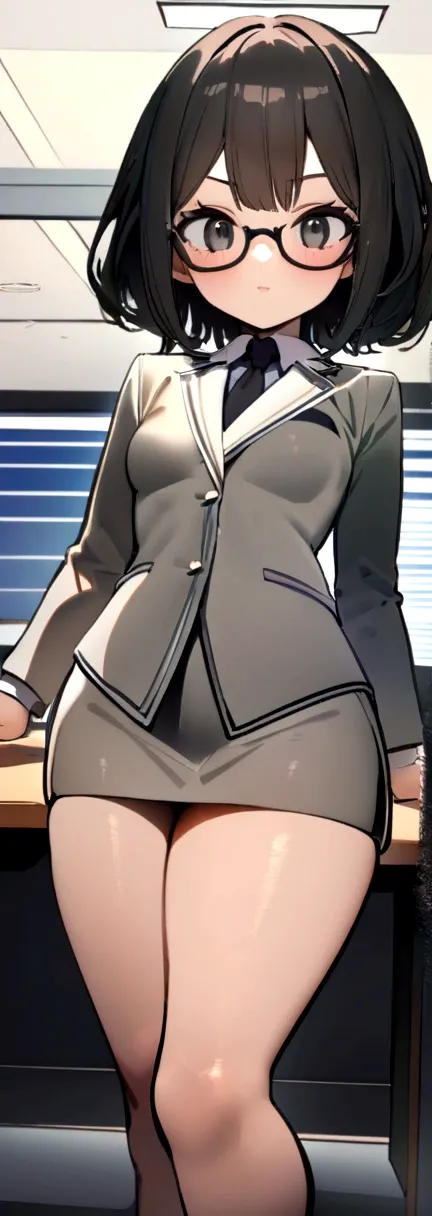 (Better quality, 8K, 32k, Masterpiece, uhd:1.2), from behind, 1, that goes, Bürodame, glasses, (smile:0.5), (look at the viewer), a bit chubby, grey suit, grey miniskirt, Office, Table, (small breasts, Gluteal muscles:1.2), Detailed cute face, including,