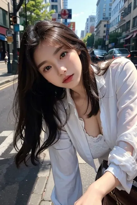 (Best Quality, 8k, 32k, Masterpiece, UHD: 1.3), Attractive korean Female Pictures, One Girl, (Big: 1.2), Erotic office attire Styles, Lace, Super Cute, Upper Body Close-up, Nice Perfect Face with Soft Skin, big chest, big butt Gorgeous Wavy Long Brown Hair...