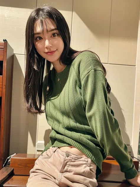 rie,One Woman,(best quality), (ultra detailed), (absolutely resolution),Face is front, 28 years old, Poses that accentuate the buttocks, Pullover and slim pants, The color of the clothes is moss green., The pattern on her clothes is polka dots., Black Hair...