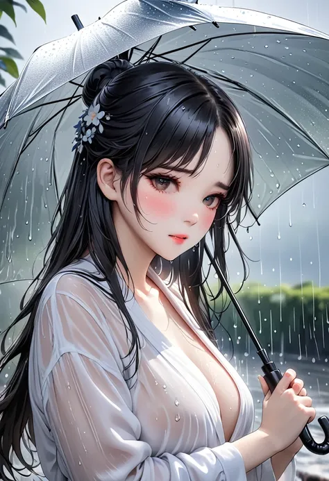 (best quality,4K,8K,high resolution,masterpiece:1.2),Very detailed,(Practical,photoPractical,photo-Practical:1.37),一个女孩站在rain中，Holding an umbrella, Black long hair, , Shy, blush, wet, rain, transparent, (masterpiece, best quality), Soft Light, Composition,...