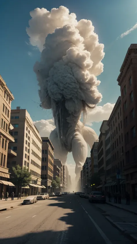 a giant humanoid creature destroying buildings, creating clouds of dust, towering over the city, epic cinematic action scene, moody dramatic lighting, muted color palette, highly detailed, photorealistic, 8k, masterpiece, ultra-detailed, physically-based r...