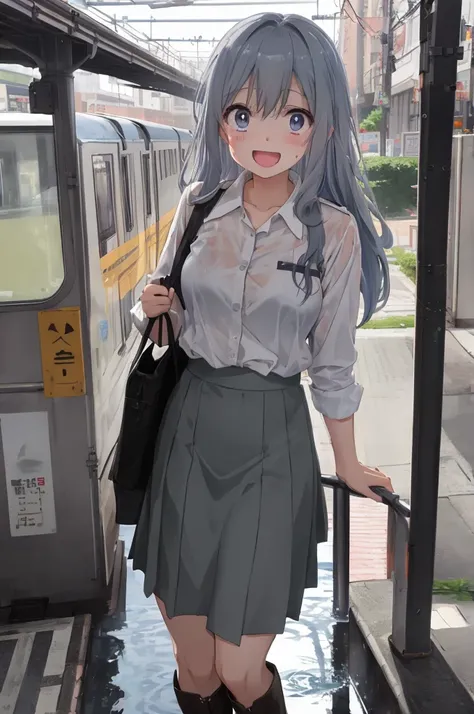 :D、School Anime Cat Girl、青いskirt、Gray Hair、Pink Boots、I々train、City of night、In uniform、Wet clothes、skirt、Visible through clothing、Camel Toe、自分でskirtをまくる、Small breasts、(Browsing Caution:1.2),Water Drop、Sparkling Water飛沫、Clean air、Splashing Water、Sparkling W...