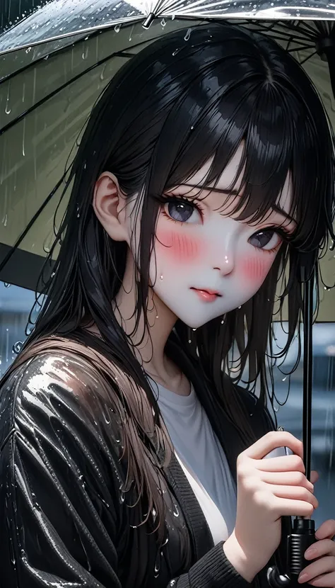 (best quality,4K,8K,high resolution,masterpiece:1.2),Very detailed,(Practical,photoPractical,photo-Practical:1.37),一个女孩站在rain中，Holding an umbrella, Black long hair, , Shy, blush, wet, rain, transparent, (masterpiece, best quality), Soft Light, Composition,...