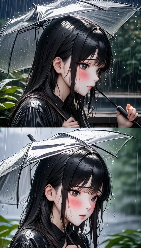 (best quality,4K,8K,high resolution,masterpiece:1.2),Very detailed,(Practical,photoPractical,photo-Practical:1.37),一个女孩站在rain中，Holding an umbrella, Black long hair, , Shy, blush, wet, rain, transparent, (masterpiece, best quality), Soft Light, Composition,...