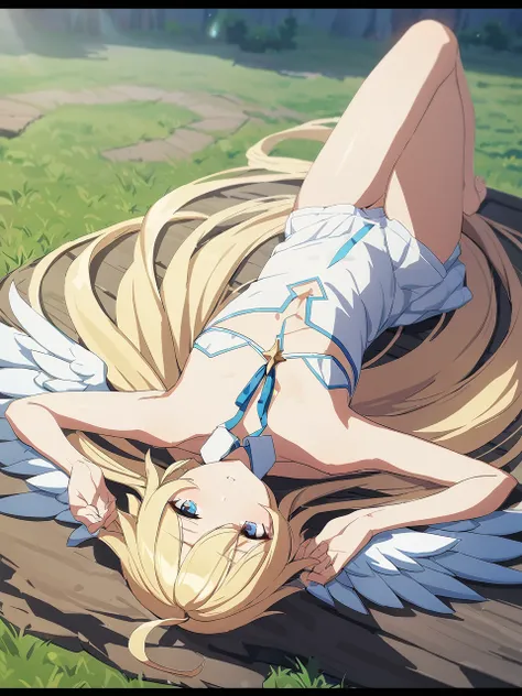 Zaora, blue eyes, (Variegated eyes:0.5), Blonde, Very long hair, Twin Blade, bangs, Ahoge, Hello, Angel, Flat Chest, White Dress, Belly button cutout, Detachable collar, Strapless, Neck ribbon, Bare shoulders, Angel wings, barefoot, One girl, Solo Break Sp...