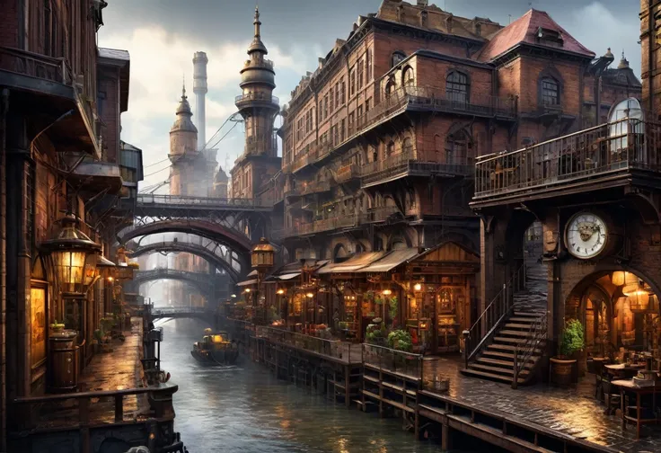 ((masterpiece)),((Highest quality)),((Attention to detail)),((Realistic,))
Industrial City, There is a deep canyon in the middle, Architecture Street, Bazaar, bridge, Wet day, steampunk, European architecture