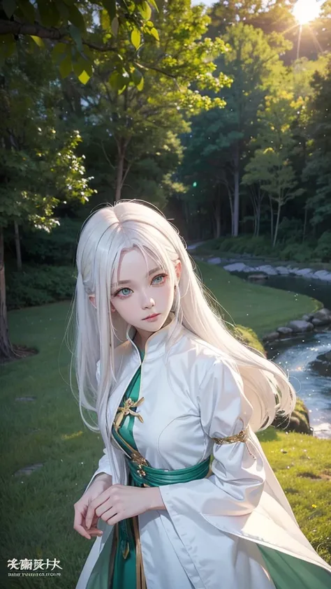 anime White Hair Girl and green eyes in front of a sun, Anime drawings inspired by INO, tumbler, creation, Young woman anime visual, White-haired God, Portrait of a girl in the Knights of the Zodiac, Today&#39;s featured anime is still, Anime characters, O...