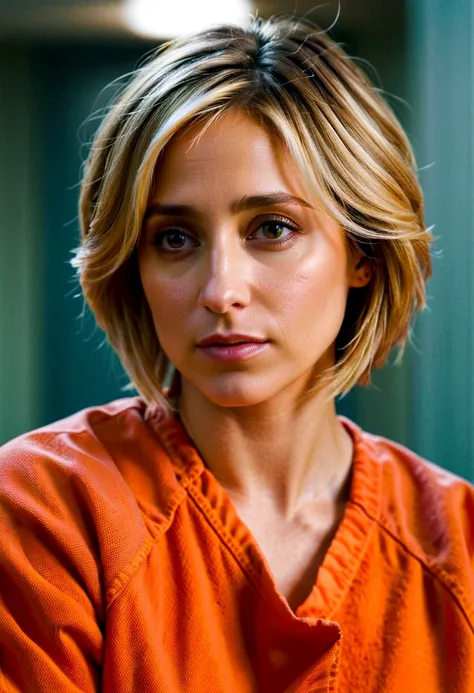 ((realism)), extremely high quality RAW photograph, Detailed background, complex, Messy hair, Exquisite details and textures, Very detailed, photo (Allison Mack) In the cell, (Wearing orange prison uniform:1.3), Look away from the camera, 超详细的photo, Warm l...