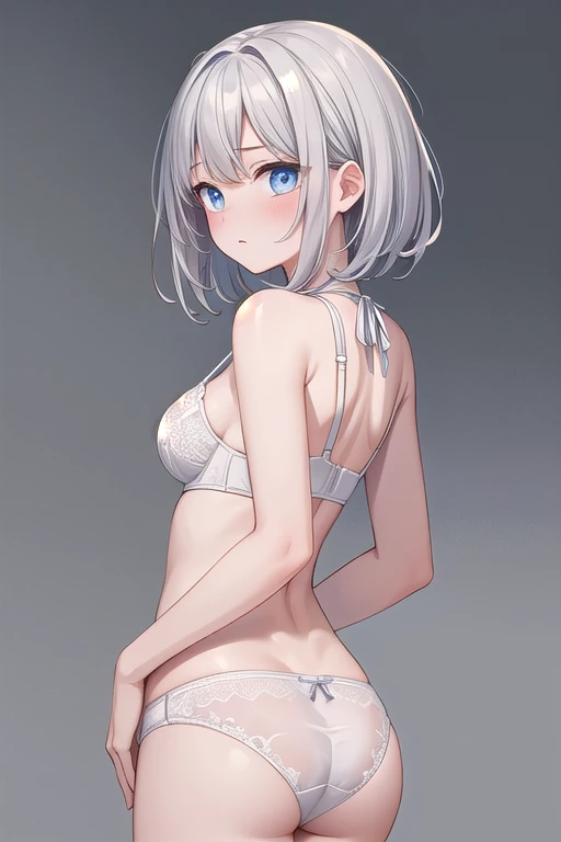 (masterpiece, Highest quality:1.3), (Super detailed:1.3), One girl, alone, (Gray Hair, Random Hair,),bra、 white panties、Embarrassed、Blue Eyes、From the back