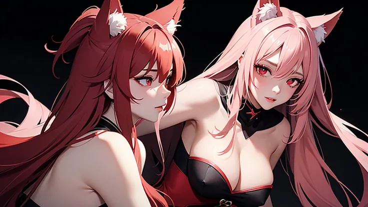 Black simple background。
A lustful virgin sits drunk and red faced。
Long light pink hair and wolf ears。Red eyes。Heavy makeup。
Ninja costume with main color black and sub color red。
Side angle close-up of cleavage。
Draw hands in detail。