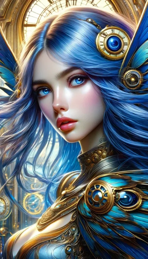 a girl with long blue hair, asymmetrical wings, detailed face and eyes, beautiful detailed lips, extremely detailed eyes and face, longeyelashes, standing in a clockwork scene, oil painting, (best quality,4k,8k,highres,masterpiece:1.2),ultra-detailed,(real...