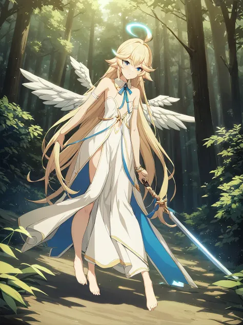 zaora, blue eyes, (variegated eyes:0.5), blonde, very long hair, twin blade, bangs, ahoge, hello, angel, flat chest, white dress...