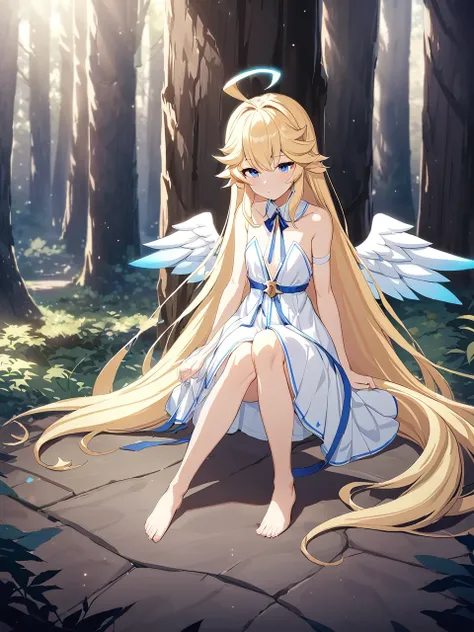 Zaora, blue eyes, (Variegated eyes:0.5), Blonde, Very long hair, Twin Blade, bangs, Ahoge, Hello, Angel, Flat Chest, White Dress, Belly button cutout, Detachable collar, Strapless, Neck ribbon, Bare shoulders, Angel wings, barefoot, One girl, Solo Break Sp...