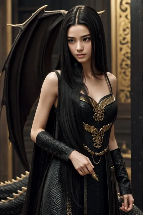 Represents a thin girl , king, with pretty features, with black hair between straight and wavy on a dragon