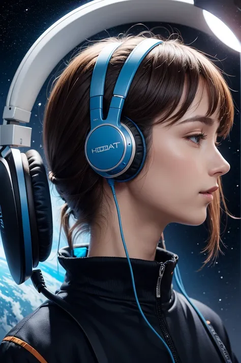 a profile picture, of a headphone playing music in space with planets in the background