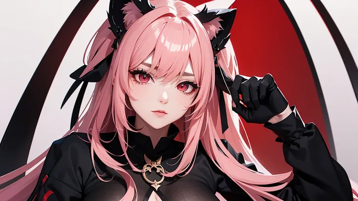 Black simple background。
A lustful virgin sits drunk and red faced。
Long light pink hair and wolf ears。Red eyes。Heavy makeup。
Ninja costume with main color black and sub color red。
Side angle close up of chest。
Draw hands in detail。