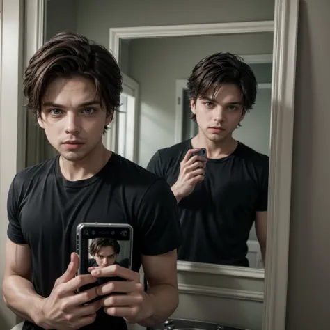 Sebastian Stan with a boy taking a photo in the mirror,((detailded)) ((aura quality))