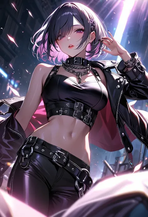 best quality, masterpiece, ultra-detailed, illustration, dynamic pose, Rem from Re:Zero, blue short hair, hair over one eye, (perfectly proportionate body), eyeliner, tired, wearing a leather jacket, covid face mask, adorned with studded accessories, platf...