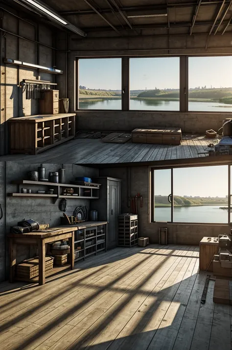 Realistic mechanical workshop with window overlooking the river, various tools on the floor, a truck with the hood open realistic engine 