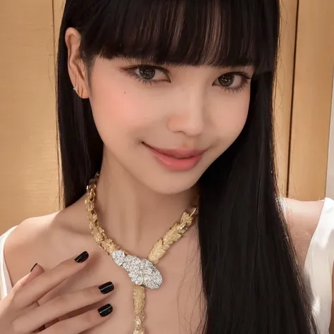 a close up of a woman with long black hair wearing a necklace, lalisa manobal, lalisa manoban of blackpink, she has black hair with bangs, with bangs, with full bangs, dilraba dilmurat, kiko mizuhara, gemma chan beautiful girl, mai anh tran, long hair with...