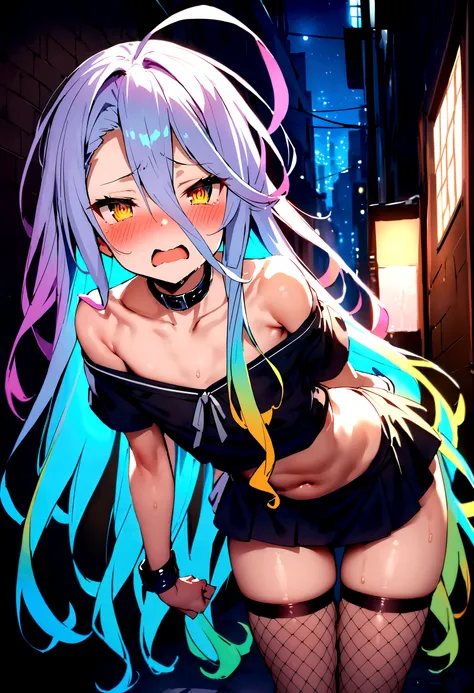 NSFW,masterpiece,Highest quality,High resolution,Super detailed,Shiro (no game No life),Long Hair,Multicolored Hair,Hair between the eyes,Gradient Hair,Yellow Eyes,Flat Chest,Slave,Off the shoulder,cropped,Micro Mini Skirt,Fishnet tights,Downtown at night,...