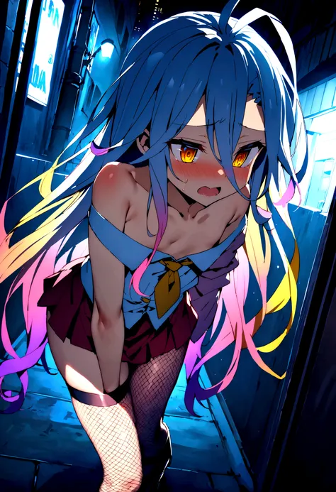 NSFW,masterpiece,Highest quality,High resolution,Super detailed,Shiro (no game No life),Long Hair,Multicolored Hair,Hair between the eyes,Gradient Hair,Yellow Eyes,Flat Chest,Slave,Off the shoulder,cropped,Micro Mini Skirt,Fishnet tights,Downtown at night,...