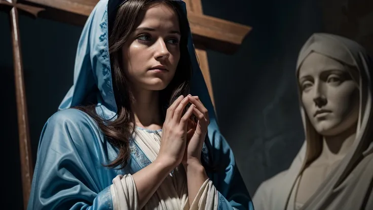 "A deeply emotional scene of the Virgin Mary standing at the foot of the cross during Jesus crucifixion. Marys face is filled with sorrow and unwavering faith, her hands clasped in prayer. The dark, stormy sky above and the somber atmosphere enhance the pr...