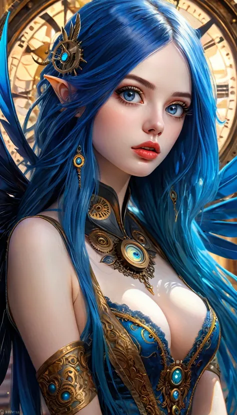 a girl with long blue hair, asymmetrical wings, detailed face and eyes, beautiful detailed lips, extremely detailed eyes and face, longeyelashes, standing in a clockwork scene, oil painting, (best quality,4k,8k,highres,masterpiece:1.2),ultra-detailed,(real...