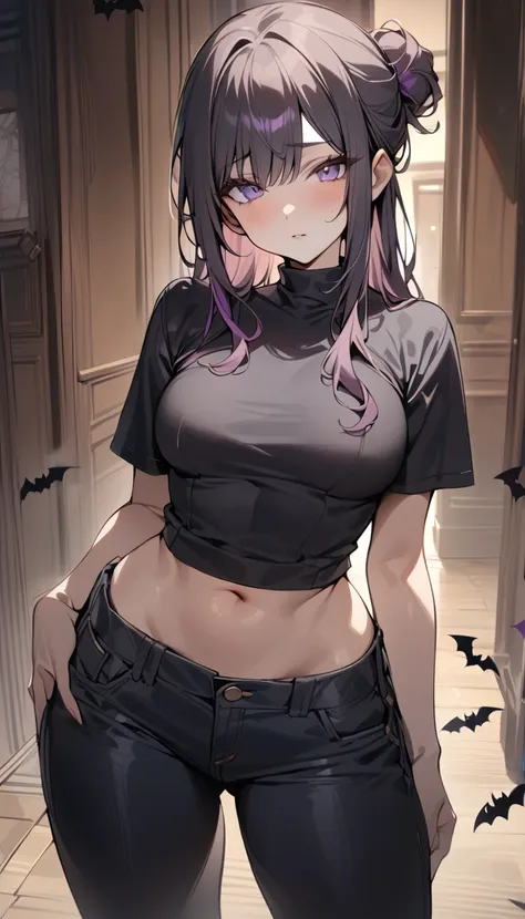 anime girl with purple hair and black pants in a hallway