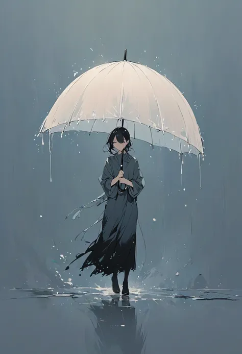 a simple one,minimalist illustration, a girl holds an umbrella