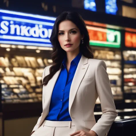 female banker in an elegant suit with colorful blue shirt and matching blue pants of elegant fabric.
short shoulder-length strai...