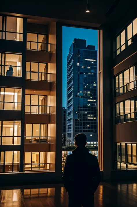 Image of someone in a building watching the evening