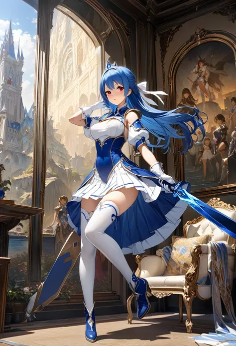 Highest quality、unity 8k wallpaper、32k、masterpiece、Very detailed、Ultra-high resolution、Very detailedな顔, RAW Photos, Professional, Ultra-fine painting,　Blue Hair、Princess Half Up、Red Eyes、２０Women in their early teenagic Warrior、Blue and white leotard、White ...