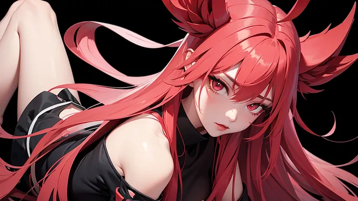 Black simple background。 A lustful virgin sits drunk and red faced。 Long pink hair and wolf ears。Red eyes。Heavy makeup。 Ninja costume with main color black and sub color red。 Side angle close-up of hips。 Draw hands in detail。