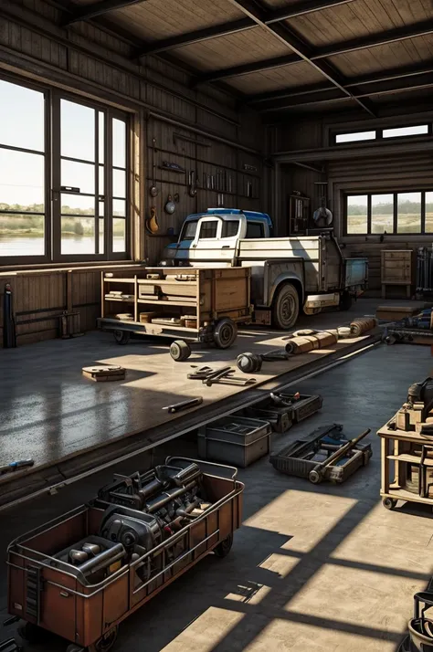 Realistic mechanical workshop with window overlooking the river, various tools lying on the floor, a truck with the hood open realistic engine 