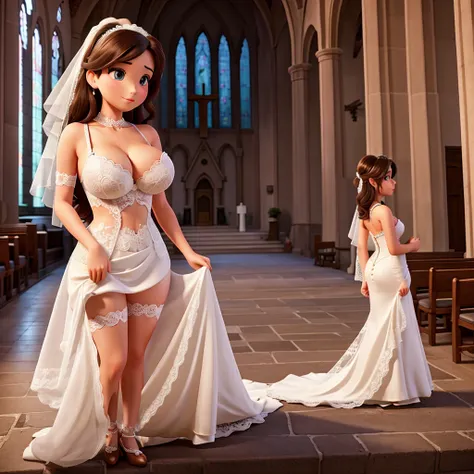 Huge breasted bride in provocative lace bra waiting outside the church 