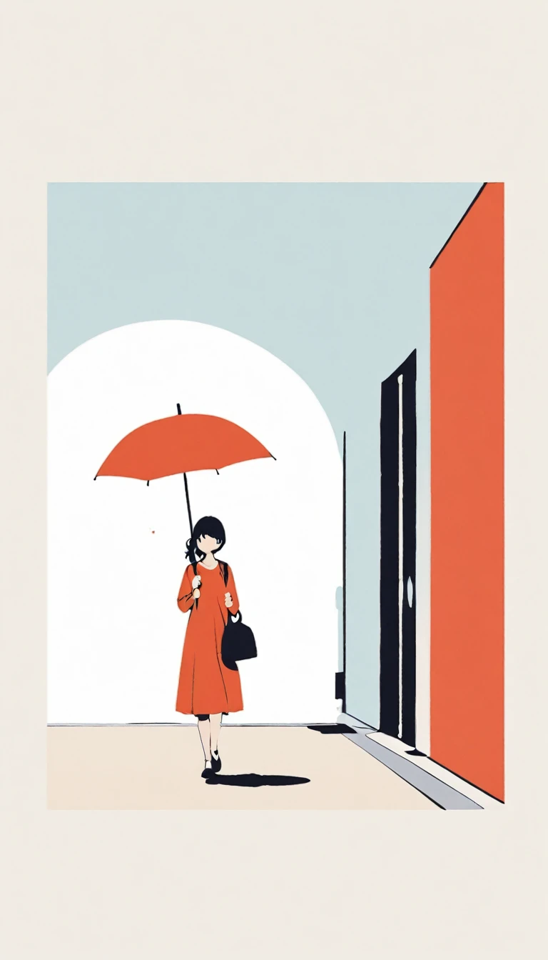 A simple one,Minimalist illustration, A girl holds an umbrella