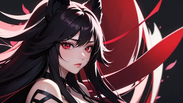 Black simple background。 A lustful virgin sits drunk and red faced。 Long pink hair and wolf ears。Red eyes。Heavy makeup。 Ninja costume with main color black and sub color red。 Side angle close-up of hips。 Draw hands in detail。